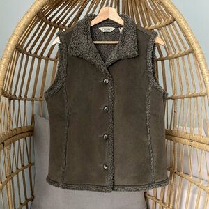 L.L.Bean Sherpa Lined Faux Suede Vest Women’s M Olive Green Button Front